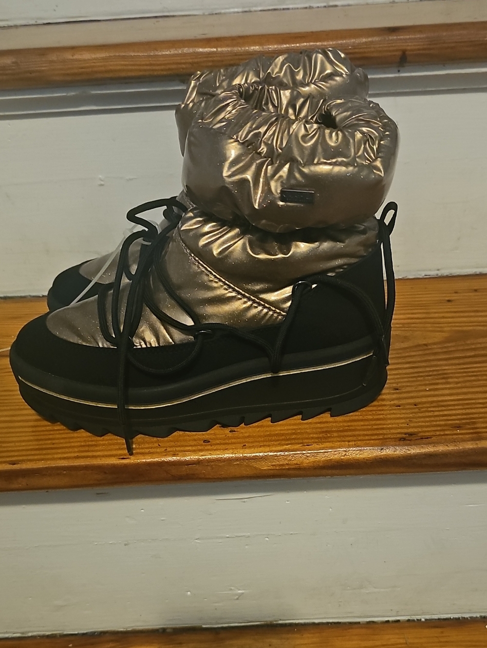 Pajar Tex Waterproof Metallic Glittery Bronze Puffer Snow Boots with Black Soles